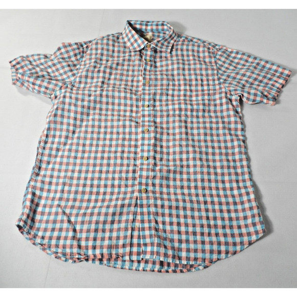 Jos A Bank Linen Shirt Mens Large Check Plaid Blue White Red Short Sleeve Casual - Picture 1 of 9